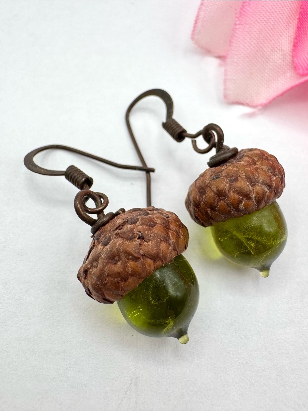 Green Glass Acorn Earrings Cute Whimsical Autumn Forestcore Naturecore Fairycore
